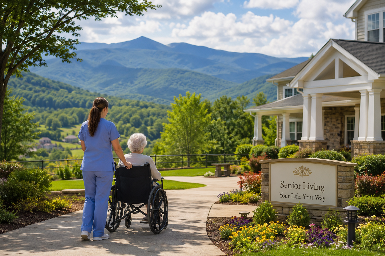 Caregiver assisting a senior at a mountain-view senior living community